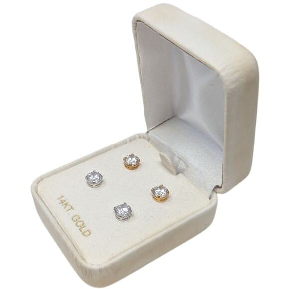 14K Gold CZ Stud Earrings Set (2 Pairs) | Round Solitaire | 2g | Made in Mexico - Picture 2 of 5